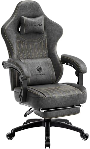 Bild von Dowinx Gaming Stuhl mit Frühling Kissen,Racing Gamer Stuhl mit Massage, Ergonomischer Gaming Sessel mit Fußstütze Bürostuhl PU Leder Grau