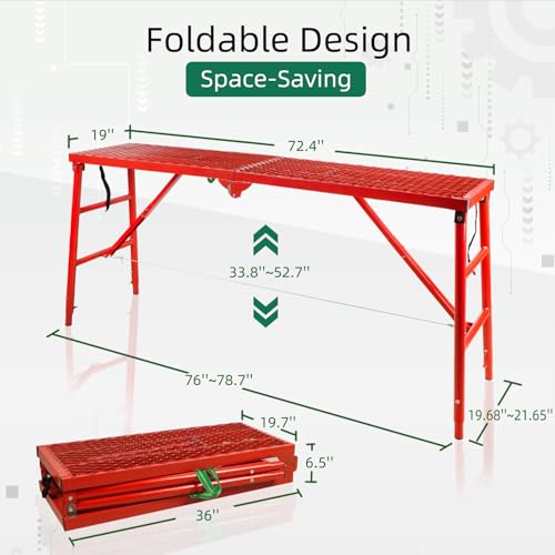 NETRCRHOM Folding Scaffolding Platform, 71(L) x15.7(W) x51(H)\'\'770 Lbs, Adjustable Steel Industrial Step Ladders, Portable Heavy Duty Work Platform for Construction Sites and Renovations