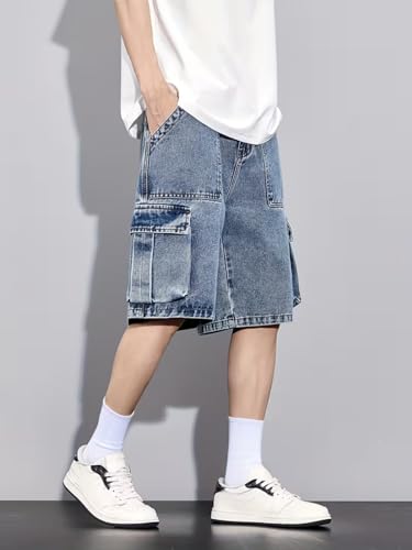 Image of GRECIILOOKS Denim Cargo Shorts for Men Stylish | Washed Jeans Half Pant for Men | Knee Length Cargo Shorts for Mens | Regular Fit Mens Pant Casual, Utility Streetwear Jorts, Travel Summer Wear