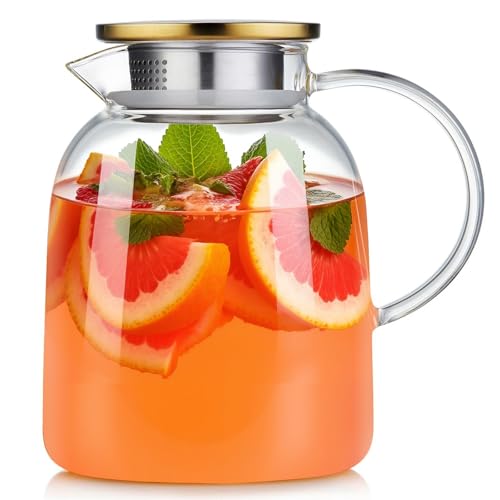 DOPUDO PHONO Glass Pitcher (54oz/ 1600ml) with Stainless Steel Lid and Spout, Borosilicate Glass Water Carafe, Beverage Iced Tea Jug for Hot Cold Water Wine Coffee Milk and Juice Carafe