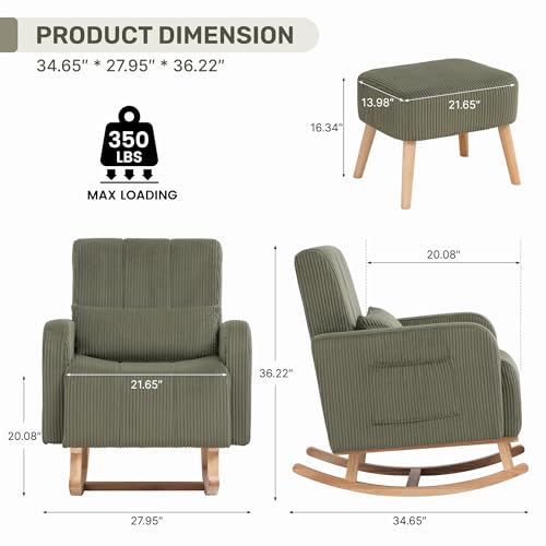 Image of HCHAIRH Rocking Chair with Ottoman, Upholstered Glider Rocker with High Backrest and Side Pocket, Corduroy Comfy Reading Chair with Solid Wood Legs for Nursery, Living Room,Bedroom Olive Green