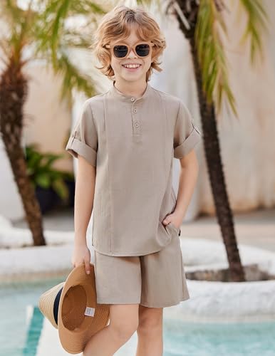 Image of Arshiner Boy's 2 Pieces Linen Sets Short Sleeve Henley Shirt and Shorts Summer Beach Matching Outfits 4-12 Years