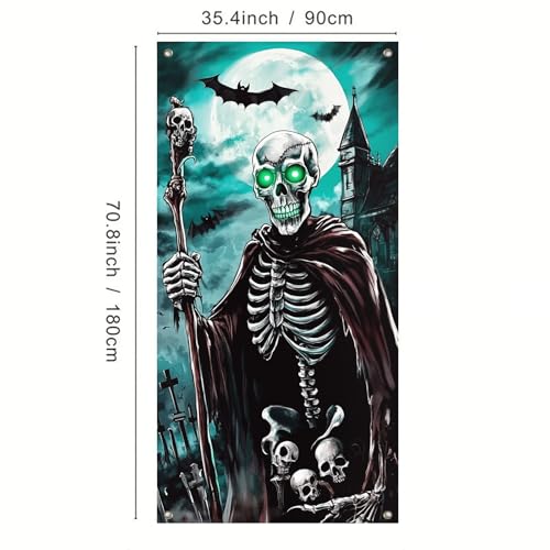 Image of BlissYard Halloween Door Cover Skeleton Moonlight 35x71 Inch Polyester | Door Banner, Wall Decor | Skeleton Entry Accent, Moonlight Backdrop | Porch, Hallway, Party (Spooky Art)