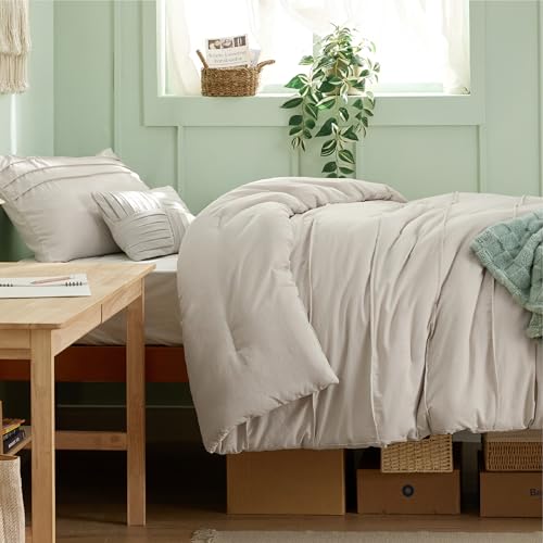 Image of Bedsure Beige Twin XL Comforter Set - 3 Pieces Pinch Pleat Bed Set, Down Alternative Bedding Sets for All Season, 1 Comforter, 1 Pillowcase, 1 Decorative Pillow