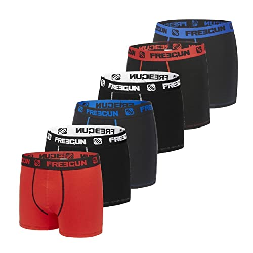 FREEGUN Boxer Enfant Coton, Calecon Garçon, Uni, Maille Aérée et Anti-Irritation (Lot de 6), Noir, Rouge, Bleu, Blanc, Taille 12/14 Ans