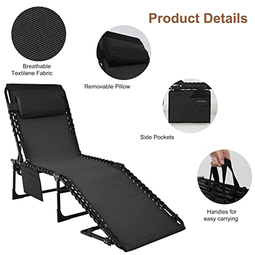 Abccanopy Adjustable Outdoor Folding Chaise Lounge Chair 3 Reclining Positions With Pillow And Pockets For Patio Lawn Beach Pool Sun Sunbathing, Black #TOP4