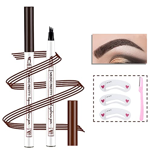 2PCS Dark Brown Eyebrow Pencil Microblading Pen Eyebrow Pen Eyebrow Makeup,Waterproof Eye Brow Pencil With Eyebrow Stencil Kit,Brow Razor,Long Lasting Create Nature Eyebrow