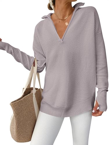 ANRABESS Womens Long Sleeve Quarter Zip Pullover Sweater Casual Loose V Neck Collared Ribbed Knit...
