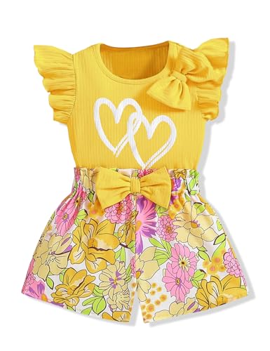 Image of 3-8 T Toddler Girls Clothing Set Ruffle Sleeve Bow Tie Top + Floral Shorts Set