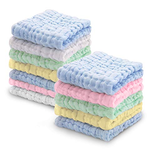 Image of Viviland Baby Muslin Washcloths 12 Pack for Baby's Sensitive Skin, 6-Layer Cotton Bath Towel, Soft Newborn Baby Face Wipes, Great Shower Gift, 12 x 12 inches