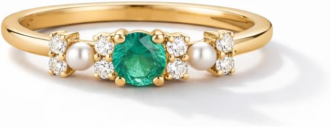 Green Emerald & Freshwater Pearl Ring for Women Round Cut Gemstone Ring in 14K Yellow Gold Diamond Accent Minimal Wedding Band Stackable Jewelry Gift for Love