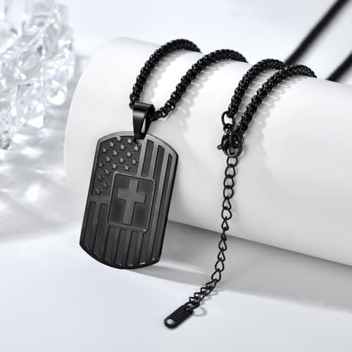 Dog Tag Cross Necklace for Men, 22+2 Inches American Flag Stainless Steel Bible Verse Pendant Chain Religious Patriotic Jewelry Gifts2