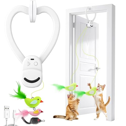 Interactive Cat Toys for Indoor Cats: Automatic Flying Bird Feather Wand Chase Exercise Enrichment Stimulation, USB Rechargeable Durable Safe Hanging Toy for Bored Kittens Adult Multi Cat Households