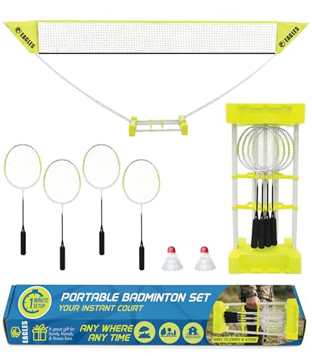Image of Complete Portable Badminton Set Large - Quick & Easy Setup - 4 Rackets 2 Birdies Shuttlecock 1 Net & Badmington Pole Frame for Backyard Park & Beach Games Indoor Outdoor Sports Equipment Family Fun