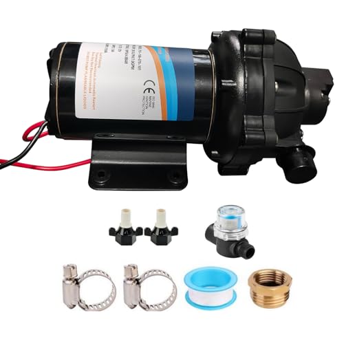 RV Fresh Water Pump 7GPM 70PSI, 12V DC Five Chamber Self-Priming Diaphragm Water Pump with Heavy Duty Pressure Switch and Strainer Replacement for RV, Marine, Yacht, Caravan (Black) AKWH