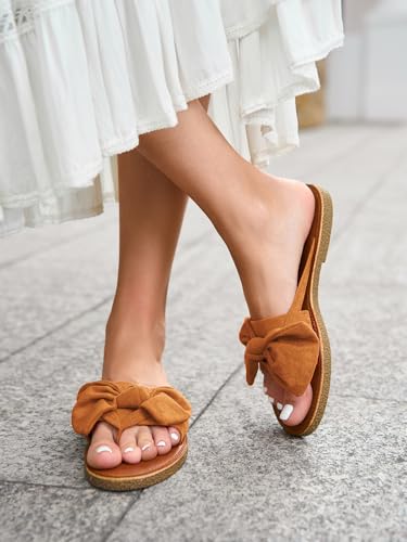 Image of FISACE Womens Bow Flat Sandals Flip Flops Slide Sandals Summer Beach Shoes