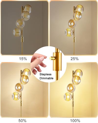 Image of Lightdot 64IN Dimmable Floor Lamp with Glass Globe Shade, Modern Gold Standing Lamps with 4PCS Bulbs Included Soft Warm White, Mid Century Floor Lamp with 5Lbs Heavy Base for Living Room /Sofa Beside