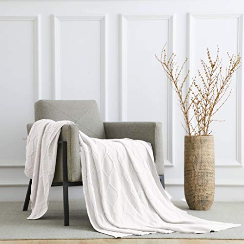 Longhui Bedding 100% Cotton Pure White Lightweight Cable Knit Throw Blanket With Bonus Laundering Bag For Couch Sofa Bed – 50 X 63 Inch, Machine Washable, Home Décor #TOP5