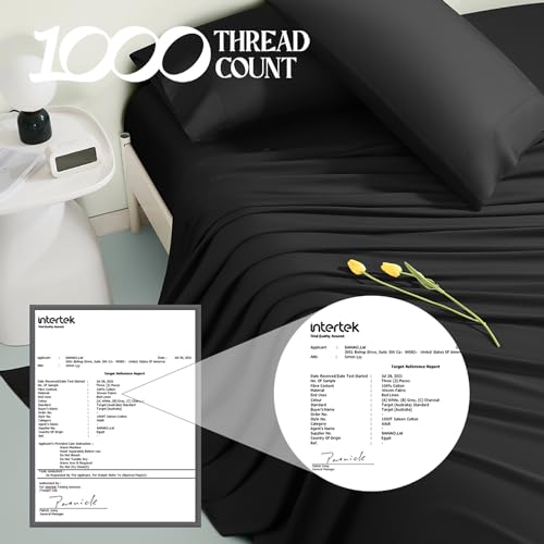 Image of 100% Egyptian Cotton Sheets Queen Size Bed Sheet - 1000 Thread Count Long Staple,16 Inches Deep Pocket,Bedding Super Soft Breathable,Sateen Weave,All Season 4-Pc Sets (Knight Black, Queen)