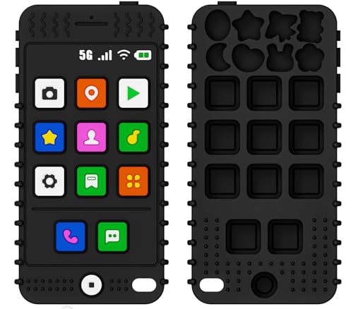 Image of FFTROC Silicone Baby Teething Toys, Teether for Babies 6-12 Months, Smart Phone Shape Teether, Sensory Chew Toys for Boys & Girls - Black