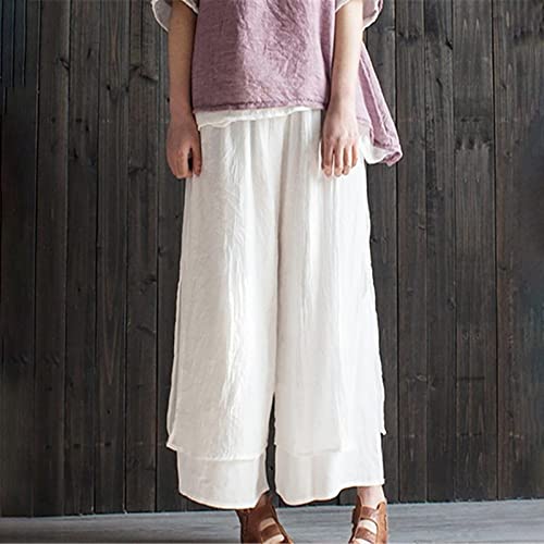 YOLAI Double Layer Wide Leg Pants Loose Elastic Waist Trouser Solid Color Vintage Casual Trouser for Women (White, One Size)2
