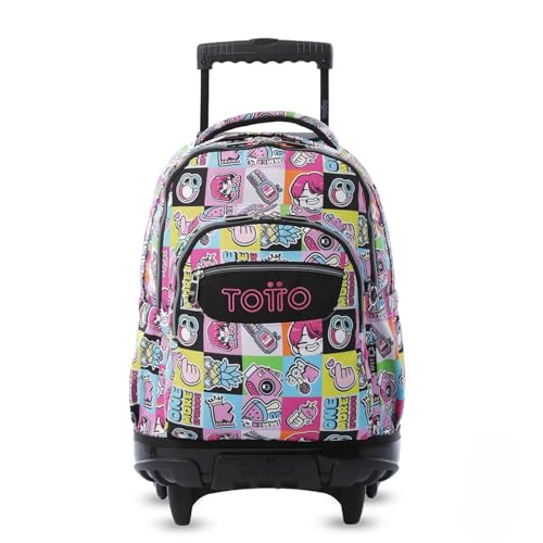 TOTTO - Mochila Escolar con Ruedas, Modelo Renglones, Capacidad 26,21 Litros, Bolsillo para PC 14', Bolsillo Botella, Correas en S para Mayor Comodidad, Resistente, Estampado K-Pop Rosa
