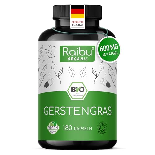 Raibu BIO Gerstengras Kapseln hochdosiert - 3600 mg Gerstengras pro Tagesdosis - aus kontrolliert biologischem Anbau - 180 Kapseln Vegan laborgeprüft & zertifiziert Bio - in Deutschland produziert