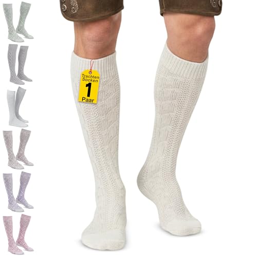 Trachtensocken klassisch 40cm Lang - Trachten Strümpfe Passend zu kurze Trachtenhosen & Kniebundhosen - Edel gestrickte Socken mit Zopfmuster - aus Baumwolle für Damen & Herren Natur - 41-43