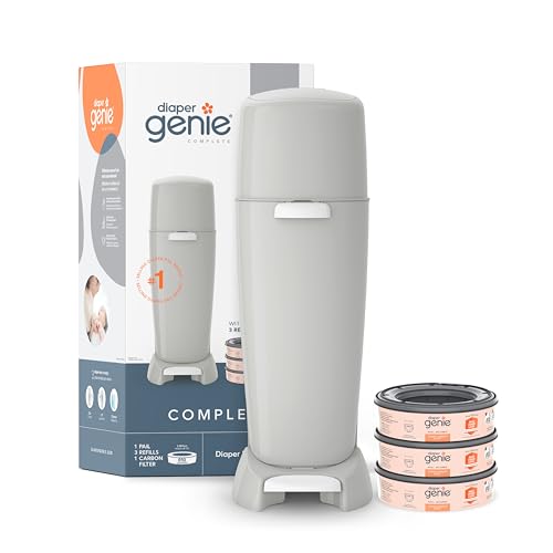 Image of Diaper Genie Complete Diaper Pail (Grey) with Odor Control | Includes 1 Diaper Trash Can, 3 Refill Bags, 1 Carbon Filter, 4 Piece Set