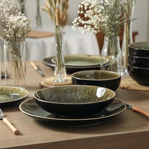 Image of Stone Lain Riley 32-Piece Dinnerware Set Stoneware, Plates and Bowls Set, Dishwasher and Microwave Safe, Dish Set for 8, Black and Green
