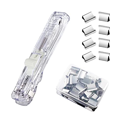 Image of Mini Push Stapler, Paper Clamp Clip Dispenser with 50 Pcs Stainless Steel Reusable Staples 40 Sheet Capacity, Portable Clip Stapler for Office Desk Accessories Home School Supplies