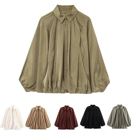 Womens Bomber Jacket Puffed Casual Batwing Sleeve Lapel Collar Zip Shirts Oversized Pleated Streetwear Jackets