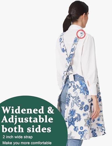 Image of Cozy Adjustable Cross Back Aprons for Women with Pockets Cotton Linen Cooking Kitchen Baking