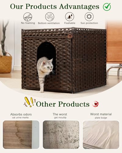 Image of SETVSON Cat Litter Box Enclosure, Large PE Rattan Side Table, Brown