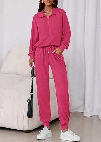 Image of PRETTYGARDEN Women 2 Piece Ribbed Knit Matching Lounge Sets | Comfy Sweat Track Suits, Athleisure Casual Outfit, Half Zip Sweatshirt & Jogger Pants, Fall Winter Clothes for Airport Travel