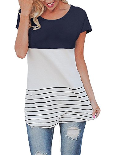 Shirts for Women Summer Short Sleeve Tunic Tops Striped Lace T Shirts Blouses