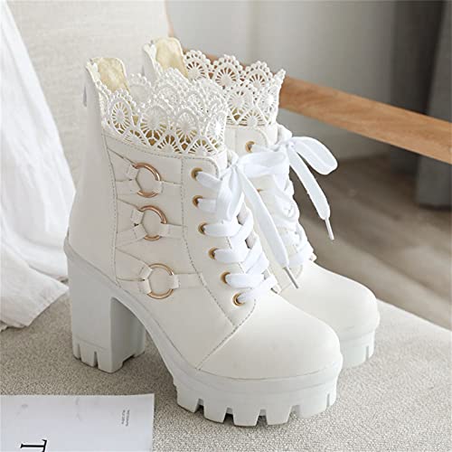 Pbnbp Womens Chunky Platform Combat Boots High Block Heel Round Toe Lace Up Ankle Boots Fall Lug Sole Lace Trim Booties Fashion Closed Toe Shoes Botas Para Mujer White thumb #5