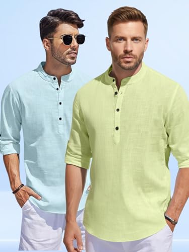 Image of Men's Cotton Blend Straight Kurta Shirt Combo with Mandarin Collar - Slim Fit Casual Short Kurti Set Featuring Textured Slub Fabric and Roll-Up Full Sleeves