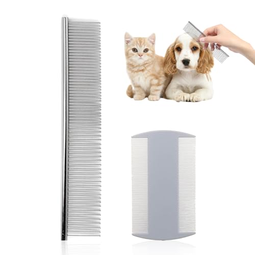 NyxSeat Juego de 2 peines para mascotas, peine de metal de acero inoxidable para mascotas y peine de plástico de dientes finos, herramienta para el cuidado del pelo para perros y gatos grandes,