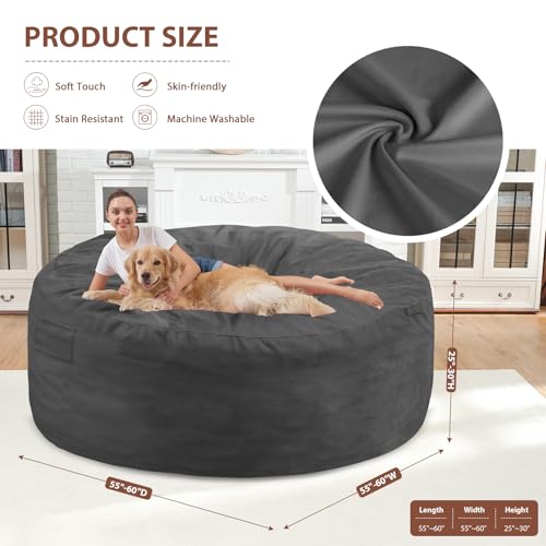 6FT Bean Bag Chair, Large Bean Bag Chairs with Memory Foam Filled, Fluffy Beanbag Sofa with Dutch Velvet Cover, Round BeanBag Chairs for Living Room, Playroom - Grey