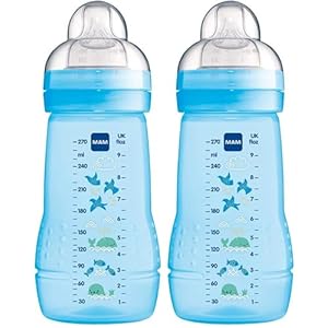 MAM Easy Active Bottles | 2 Pack (2 x 270ml) | Medium Flow MAM Teats Size 2 | Baby Accessories | Blue (Various Designs)