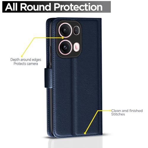 Image of Pikkme Flip Cover Leather Finish | Inside TPU with Card Pockets | Wallet Stand and Shock Proof | Complete Protection Button Flip Case for Oppo Reno 13 Pro 5G(Blue)