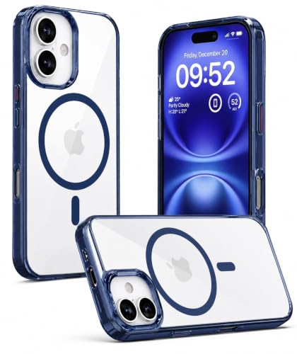 Image of Elzzi Translucent Clear Back Cover Compatible with iPhone 16, PC Shockproof Scratch Resistant, Non-Yellowing, Support Mag-Safe Wireless Magnetic Charging Case - Blue