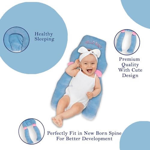 Image of Baby Hugging Pillow with Supersoft Fabric | 0-18 Months Newborn Pillow /Takiya /Cushion | Neck & Head Support for Babies (HB-Blue01)