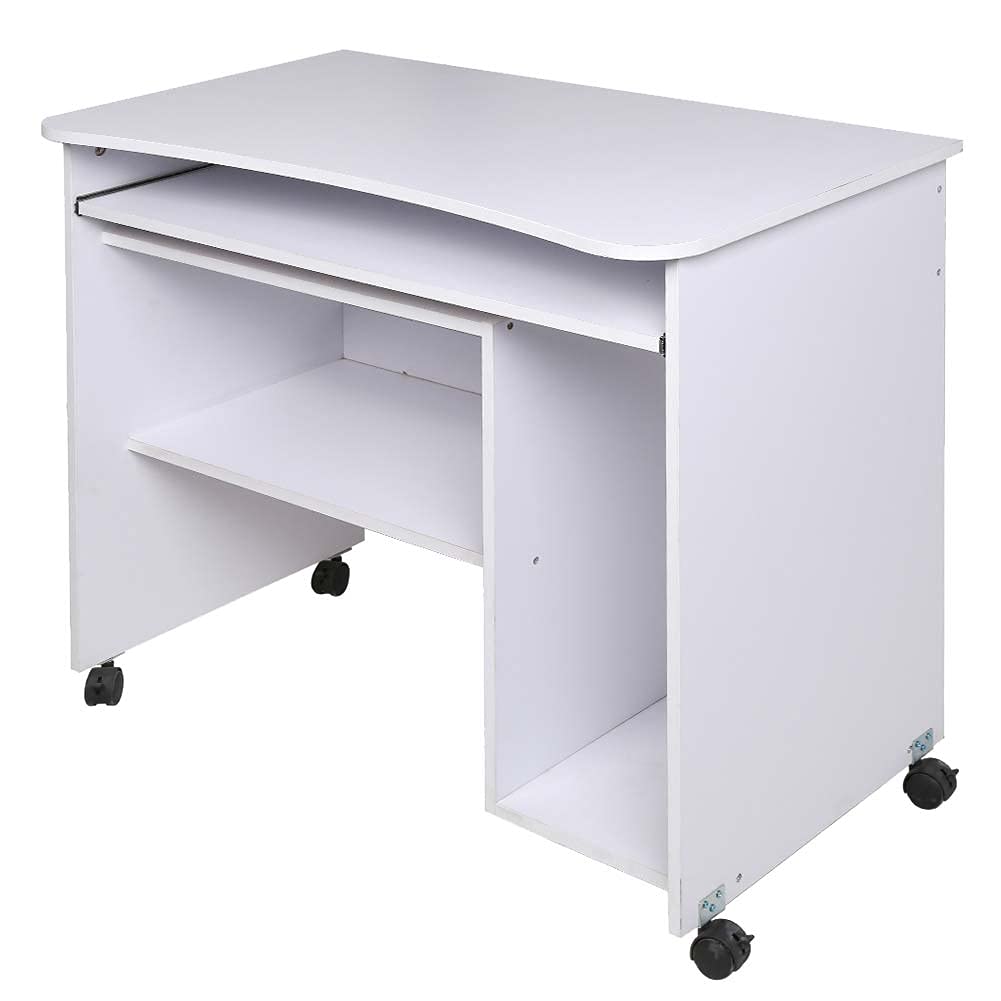 BAKAJI Scrivania con Portatastiera Estraibile Ripiano Inferiore e Vano Pora Computer Tavolo da Lavoro Porta Pc in Legno MDF con 4 Ruote Arredamento Casa Ufficio Cameretta Moderna (Bianco)