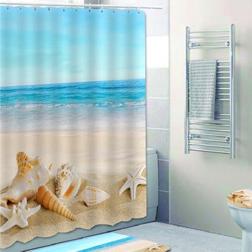 Homirty Tenda da doccia 180 x 200 cm, motivo oceano spiaggia, stella marina, blu, sfoderata, poliestere, impermeabile, ad asciugatura rapida, 12 ganci, per bagno