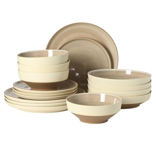 Image of Gibson Elite Octavia Place 16 Piece Stoneware Dinnerware Set, Service for 4, Coupe Modern Plates & Bowls, Reactive Glaze Finish, Taupe, Microwave & Dishwasher Safe
