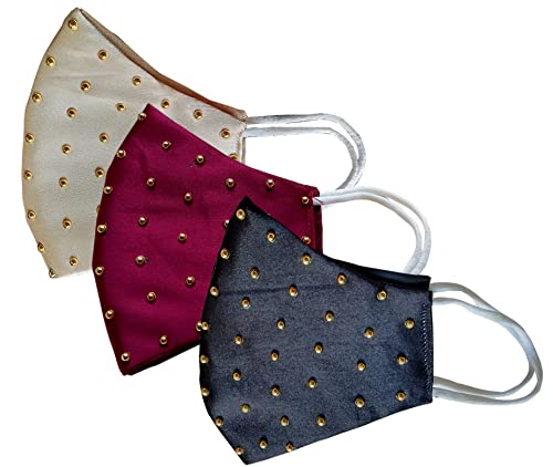 Image of Wedding Special Cotton Reusable Cloth Face Mask, Washable Light Weight Satin Masks Combo (Maroon, Golden, Black, Without Valve, Pack of 3) for Unisex