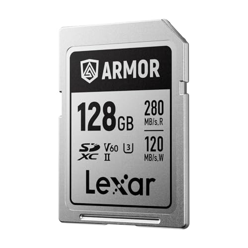 Lexar Armor Silver Pro Tarjeta SD 128 GB, Tarjeta de Memoria SD UHS-II, Acero Inoxidable, C10, U3, V60, vídeo 6K UHD, hasta 280 MB/s de Lectura, 120 MB/s de Escritura, Tarjeta SDXC para DSLR/cámaras
