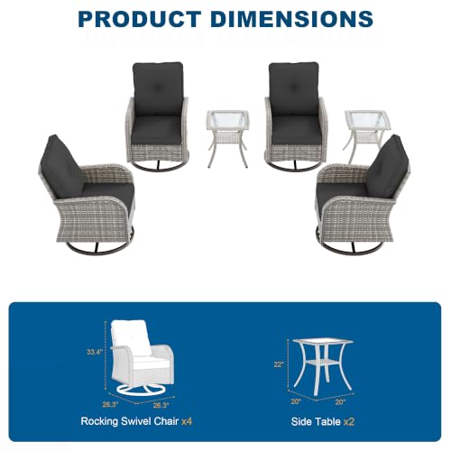 Image of 6-Piece Small Patio Furniture Set, Outdoor Swivel Rocking Chairs Set with Wicker Chairs and Tempered Glass Side Table, Outdoor Furniture Patio Bistro Set for Balcony, Deck, Porch